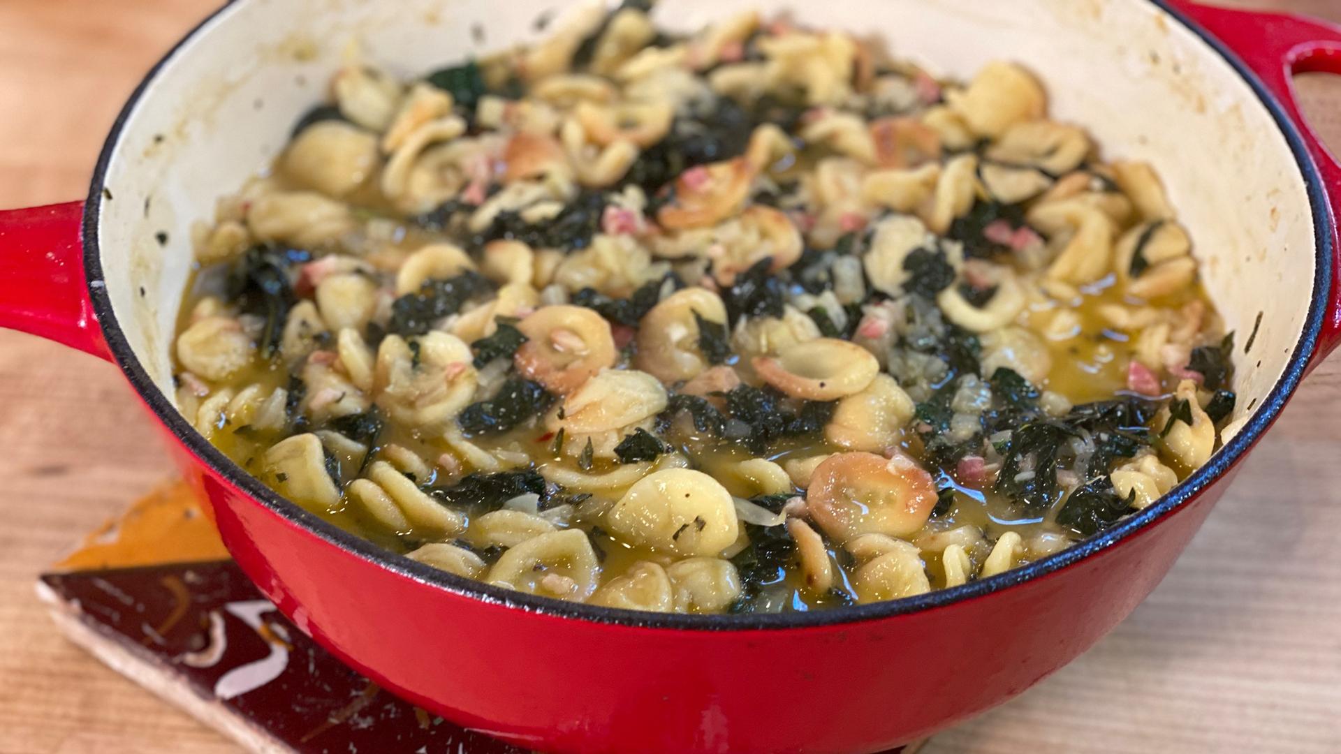 One-Pot Toasted Orecchiette with Pancetta, Fennel + Kale
