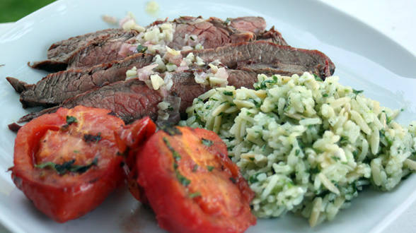Spinach-Feta Rice Pilaf, Sliced Steak with Oregano Sauce, and Broiled Tomatoes with Parsley