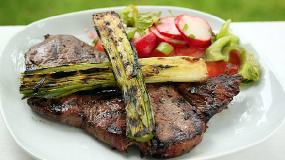 Steaks with Grilled Leeks and Celery-Radish Salad