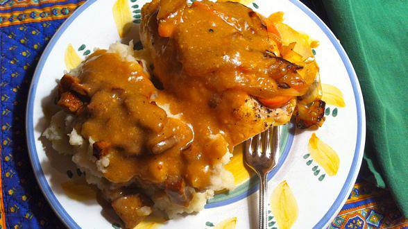 Spicy Maple-Mustard "Cleveland-Style" Chicken or Chops with Brat and Cheddar Potatoes