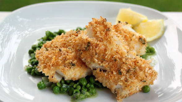Oven-Fried Fish with Not-So-Mushy Spring Peas