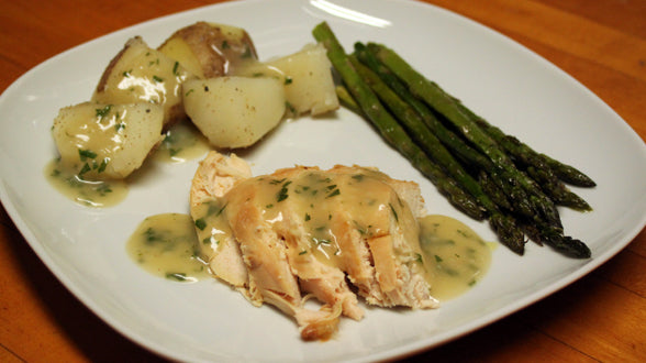 Parsley-Stuffed Chicken with Honey-Butter Sauce and Boiled Potatoes