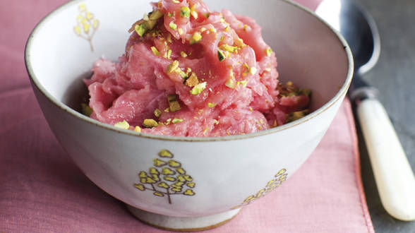 Rhubarb and Rose Water Sorbet with Rice Noodles (Faloodeh)