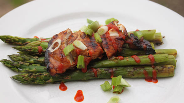 Grilled Sweet-and-Sticky Chicken, Asparagus and Harissa