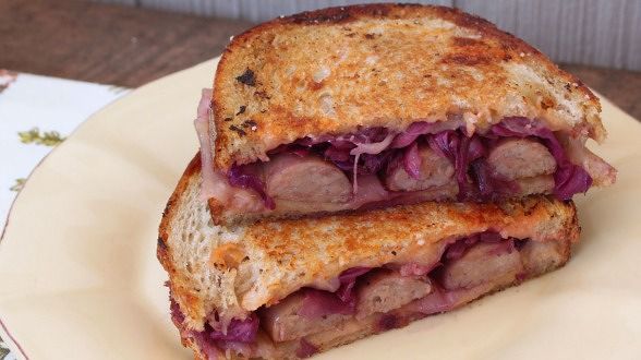 Bratwurst Reubens with Sweet 'n Sour Red Cabbage