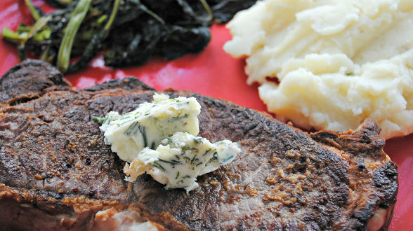 Strip Steaks with Rosemary-Garlic Butter, Taleggio Mashed Potatoes and Roasted Broccoli Rabe