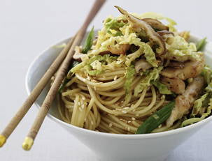Rollover Sweet and Spicy Sesame Noodles with Shredded Jerk Chicken