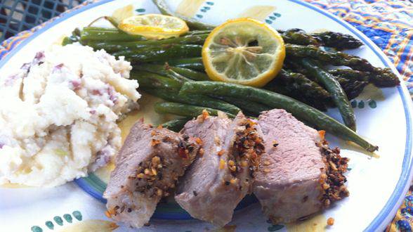 Spicy Roast Pork Tenderloin with Three-Cheese Smashed Potatoes and Roasted Asparagus, Green Beans and Lemon