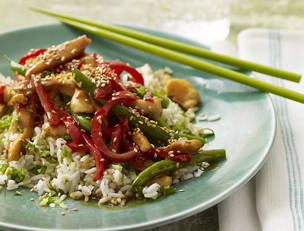 Devilish Sesame Chicken with Green Beans and Scallion Rice