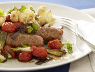 Roasted Sausages with Balsamic Burst Tomatoes and Parmigiano-Reggiano Cauliflower