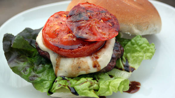 Sirloin Burgers with Garlic-Black Pepper-Parmesan Sauce and Roasted Tomatoes with Basil and Balsamic Drizzle