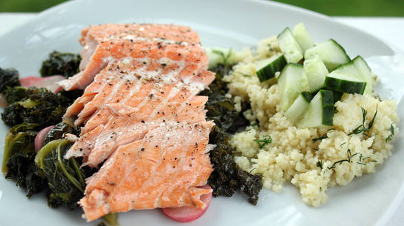 Salmon Fillets with Dill Couscous and Spicy Kale