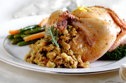 Roast Cornish Game Hens with Roast Squash and Cran-Apple Stuffing