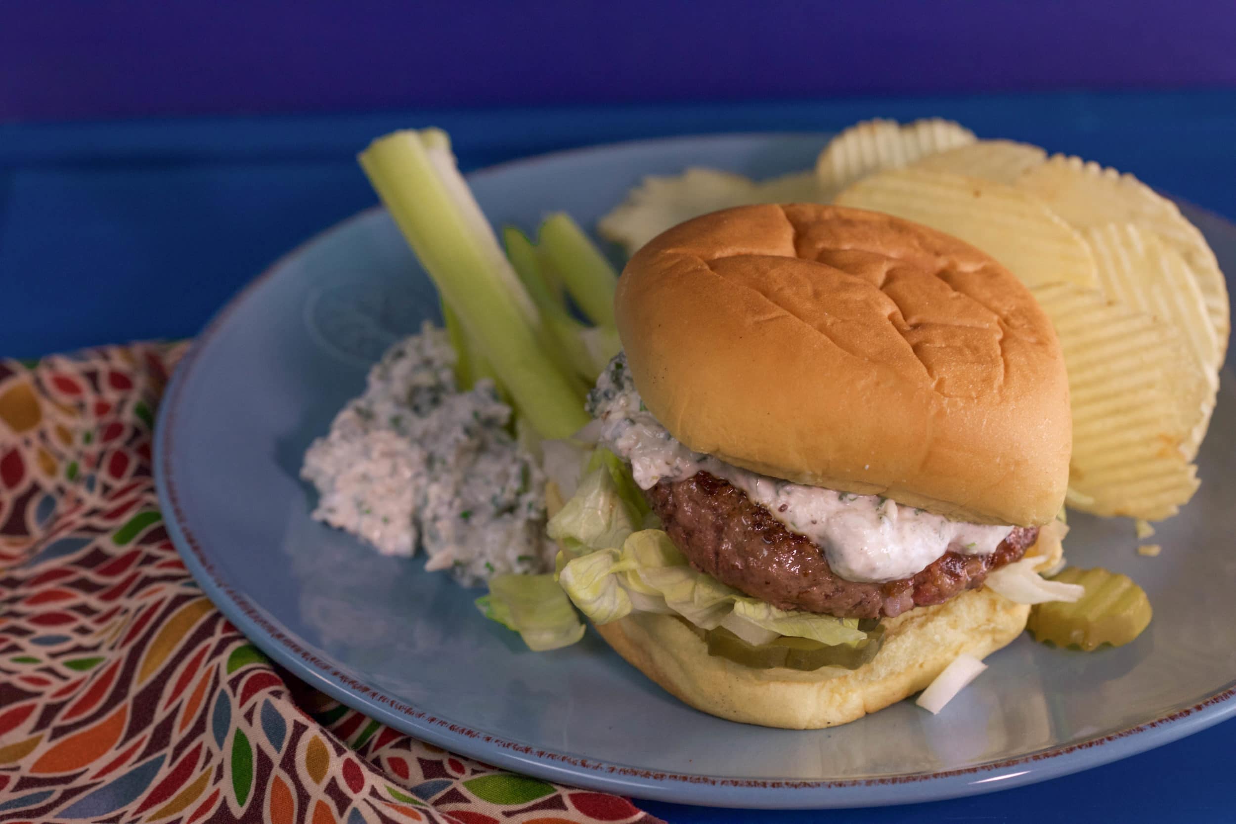 2-to-1 Beef-Bacon Burgers with Blue Cheese and Horseradish Sauce 