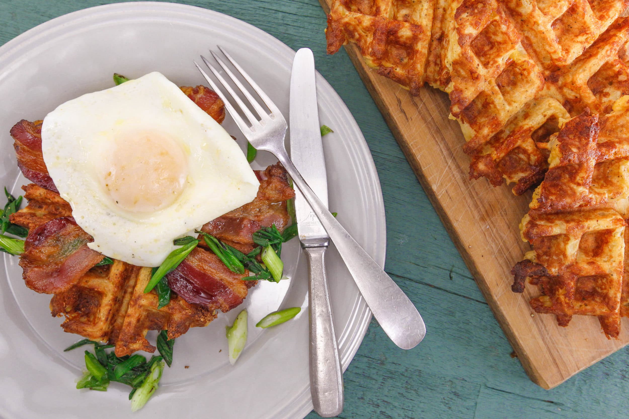 Rachael's Potato Waffles with Bacon, Eggs and Charred Green Onions