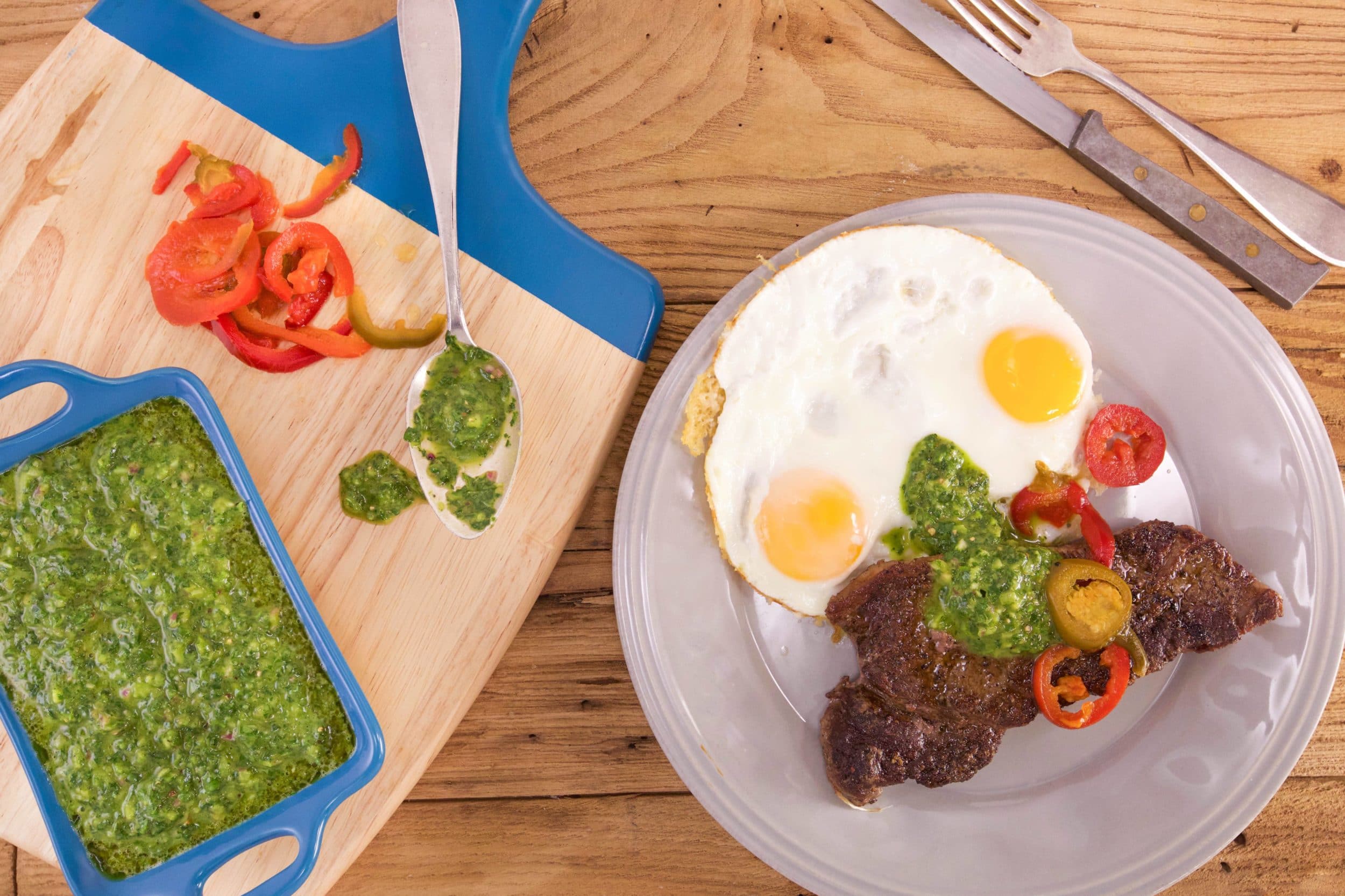 Steak with Salsa Verde and Parm Frico Eggs