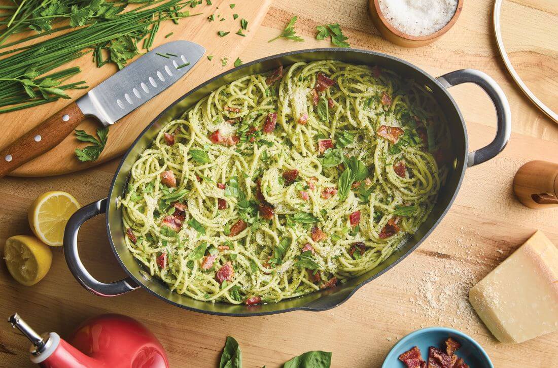 Summer Herb Spaghetti with Crumbled Bacon