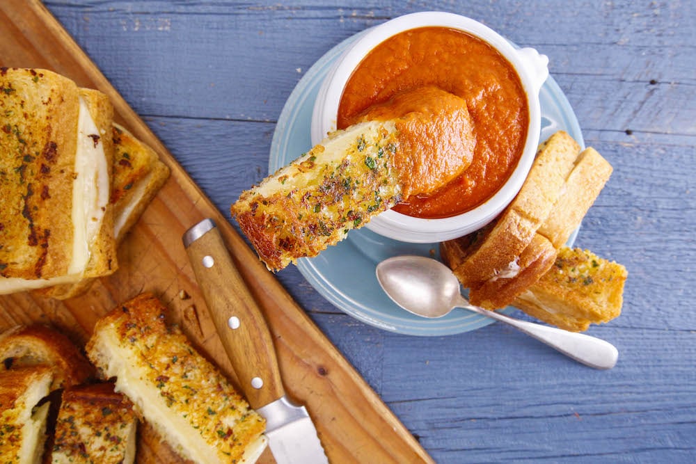 Tomato-Vegetable Soup and Grilled Four-Cheese Soldiers