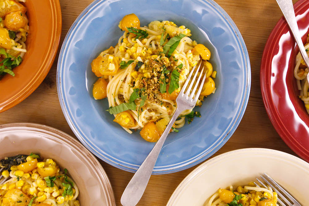 Yellow Tomato Spaghetti with Buttered Almond Breadcrumbs