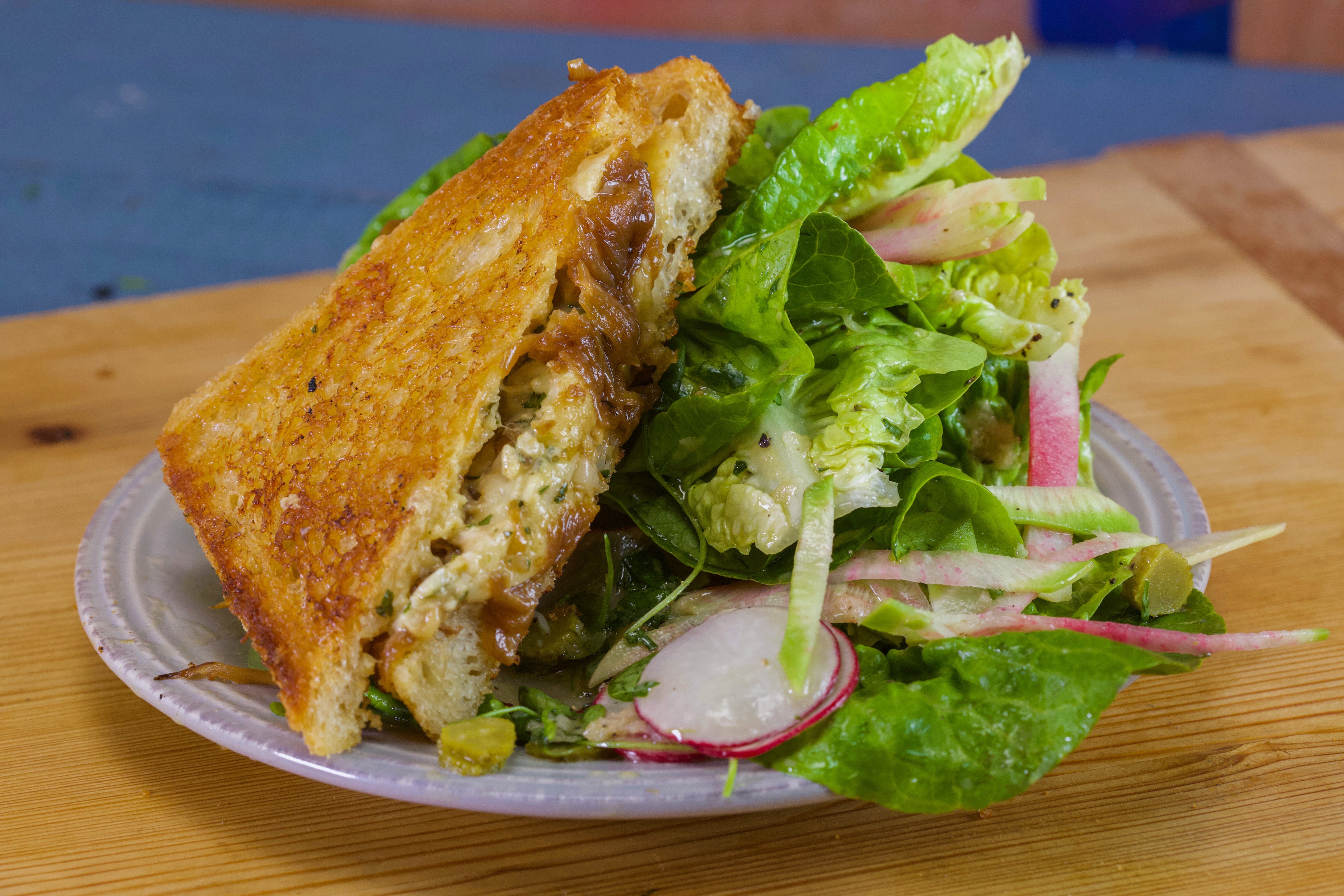 Rachael's French Onion Grilled Cheese and Spring Greens Salad with Tarragon Vinaigrette