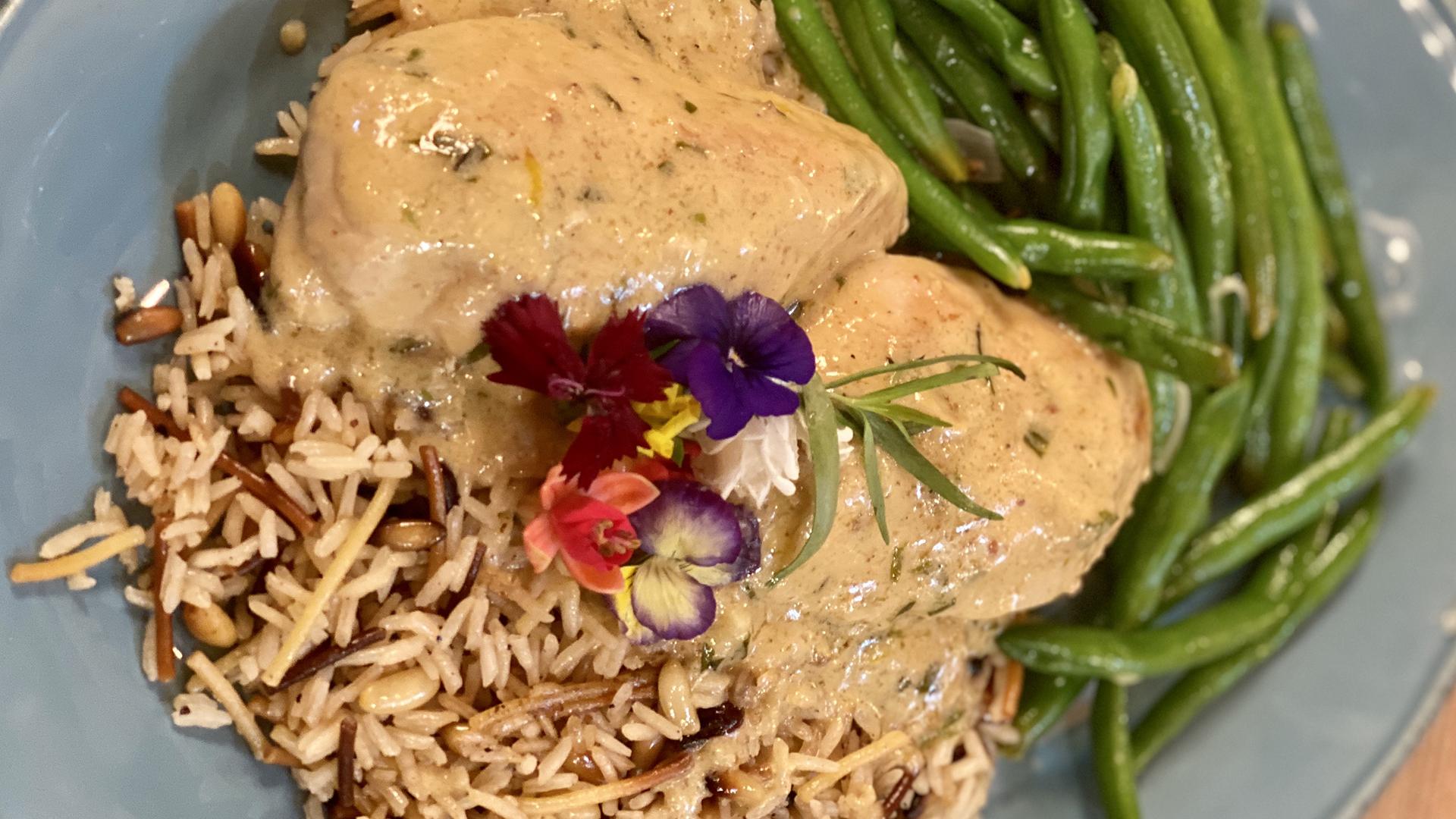 Chicken with Tarragon Cream Sauce, Green Beans with Shallots + Rice Pilaf