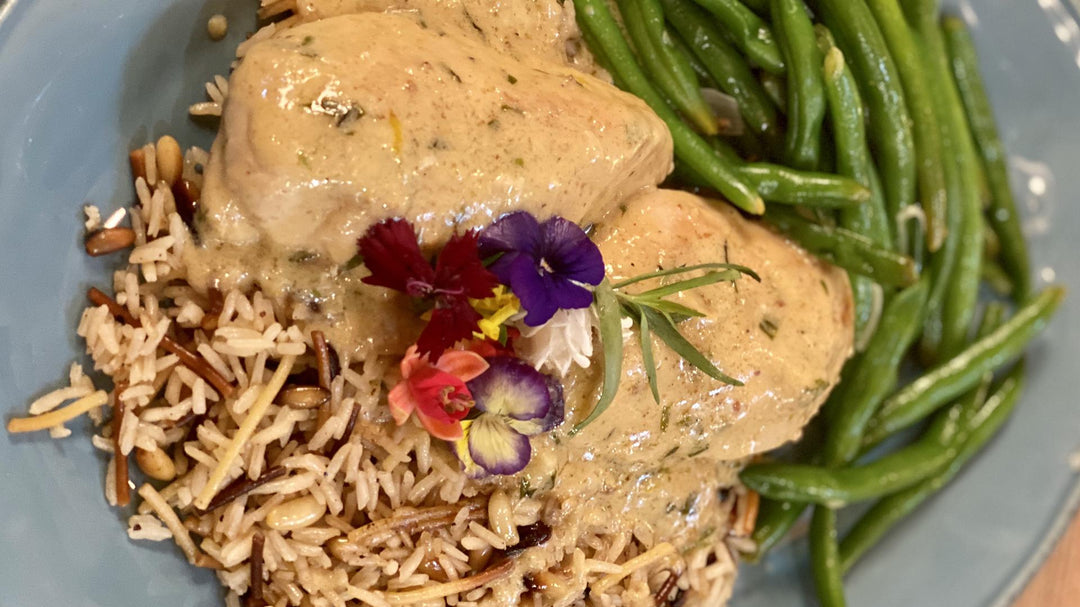 Chicken with Tarragon Cream Sauce, Green Beans with Shallots + Rice