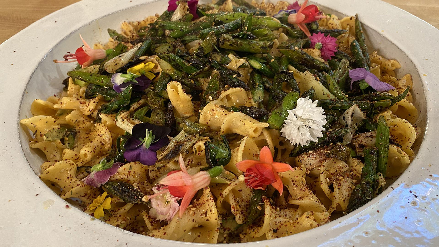 Vegan Spring Pasta: Campanelle With Creamy Tahini Sauce Charred Asparagus + Za'atar
