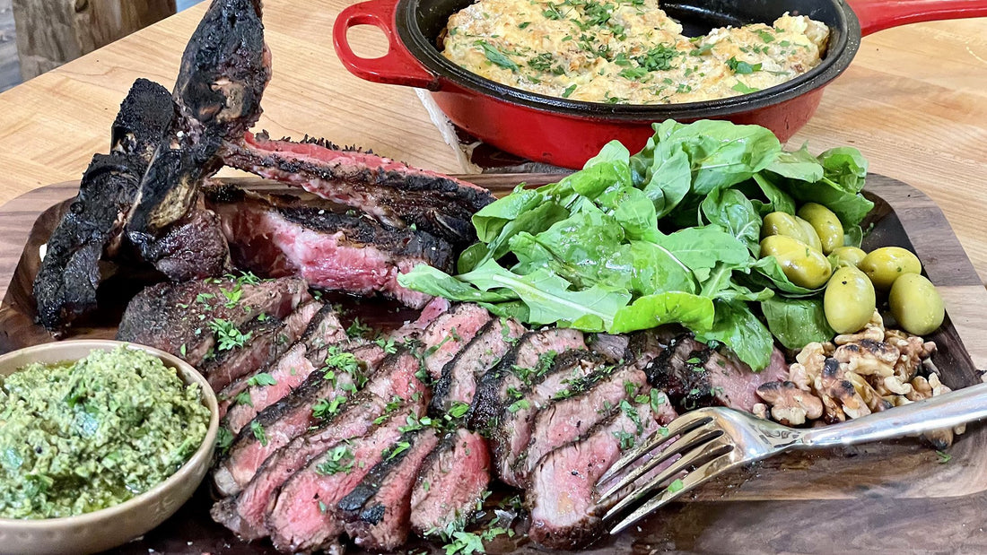 Bistecca (Porterhouse) with Walnut Salsa Verde and Crispy Potato Skillet Pie