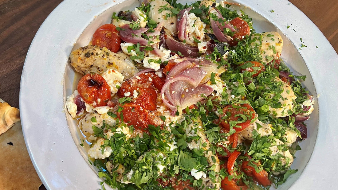 Feta and Tomato Shrimp or Chicken Tenders Sheet Pan Bake