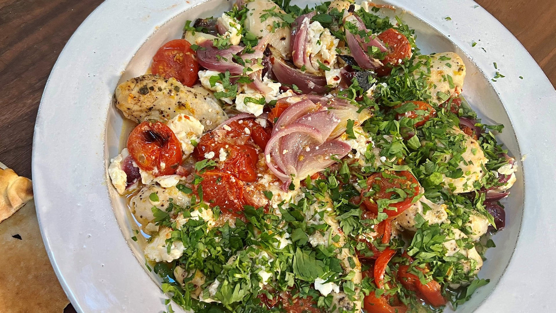 Feta and Tomato Shrimp or Chicken Tenders Sheet Pan Bake