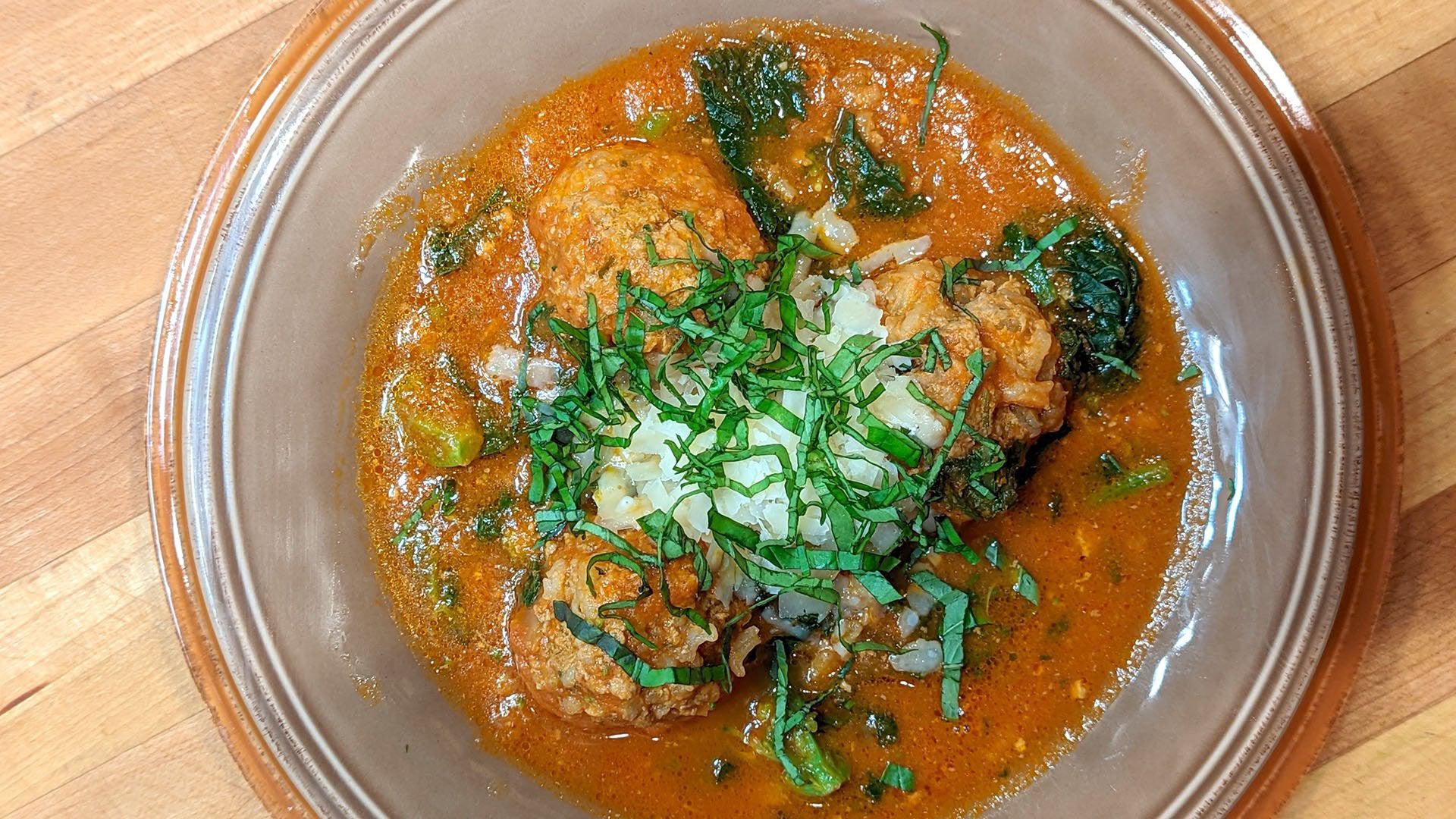 Porcupine Meatballs in Tomato Soup with Broccoli Rabe or Broccolini