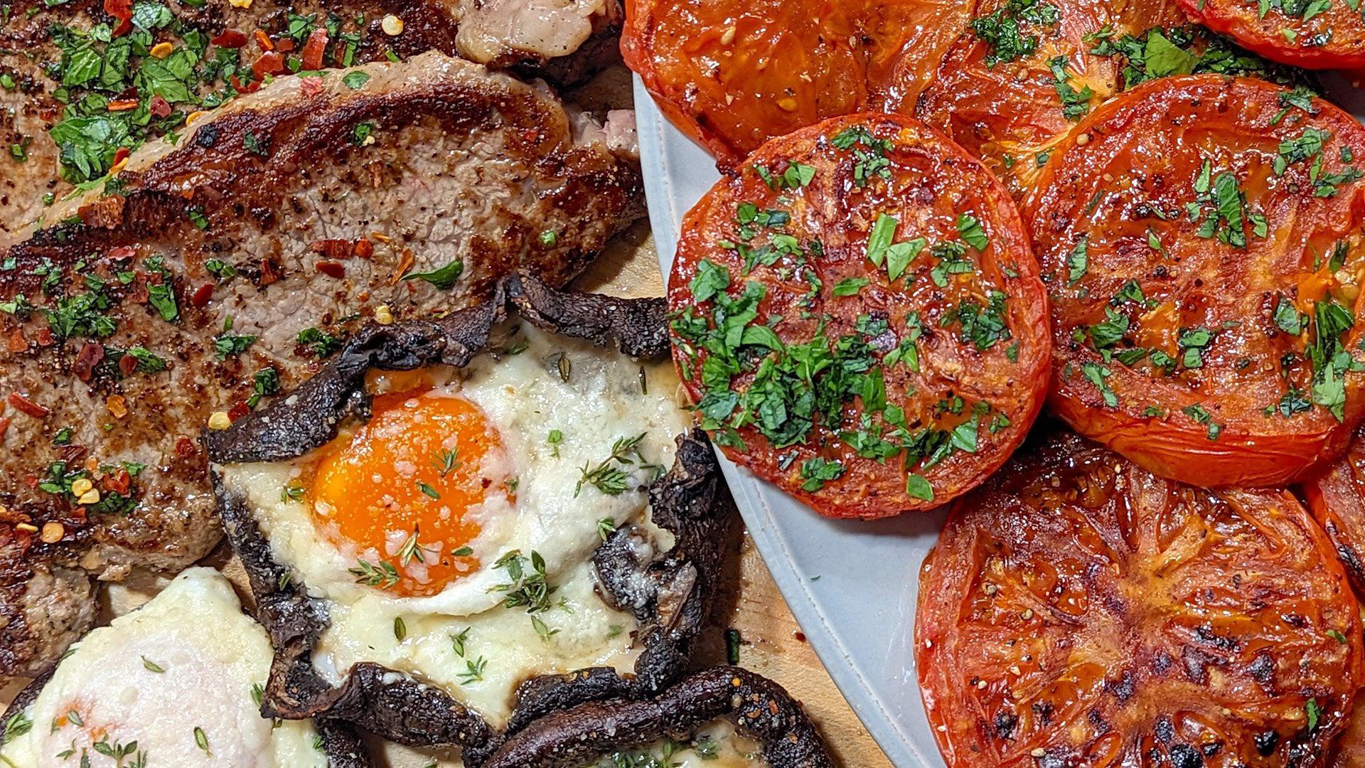 Egg-Stuffed Portobello Mushrooms, Steak and Broiled Tomatoes with Oil + Vinegar | BLD
