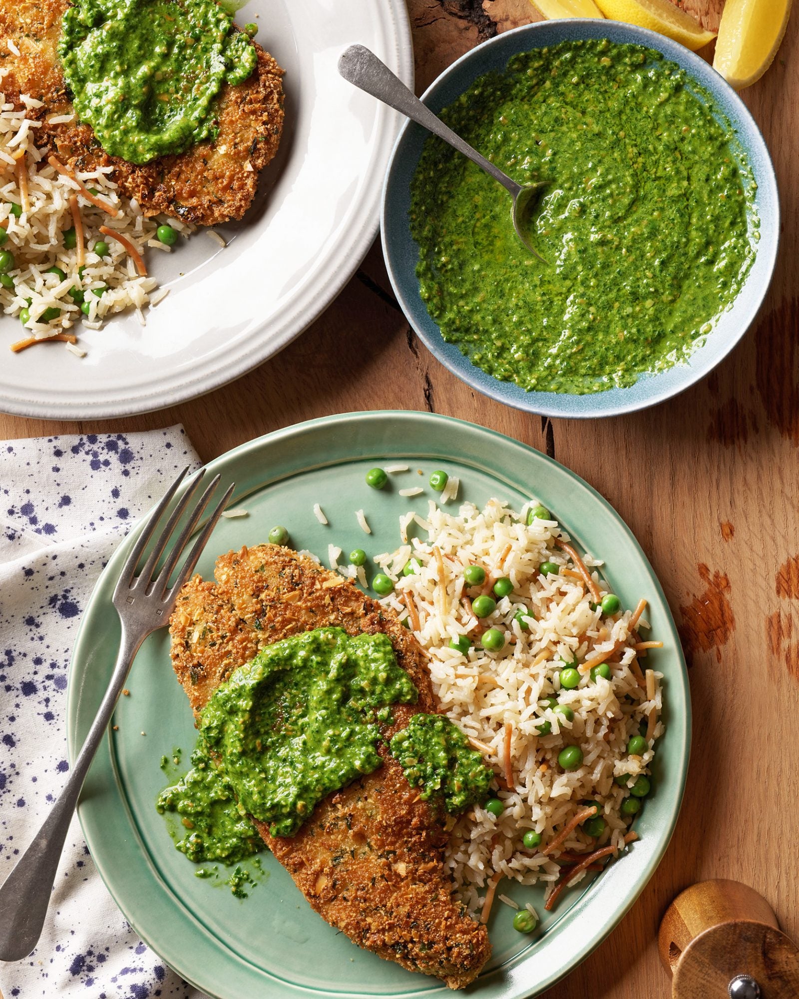 Almond-Crusted Sole with Chard Pesto & Rice Pilaf with Peas