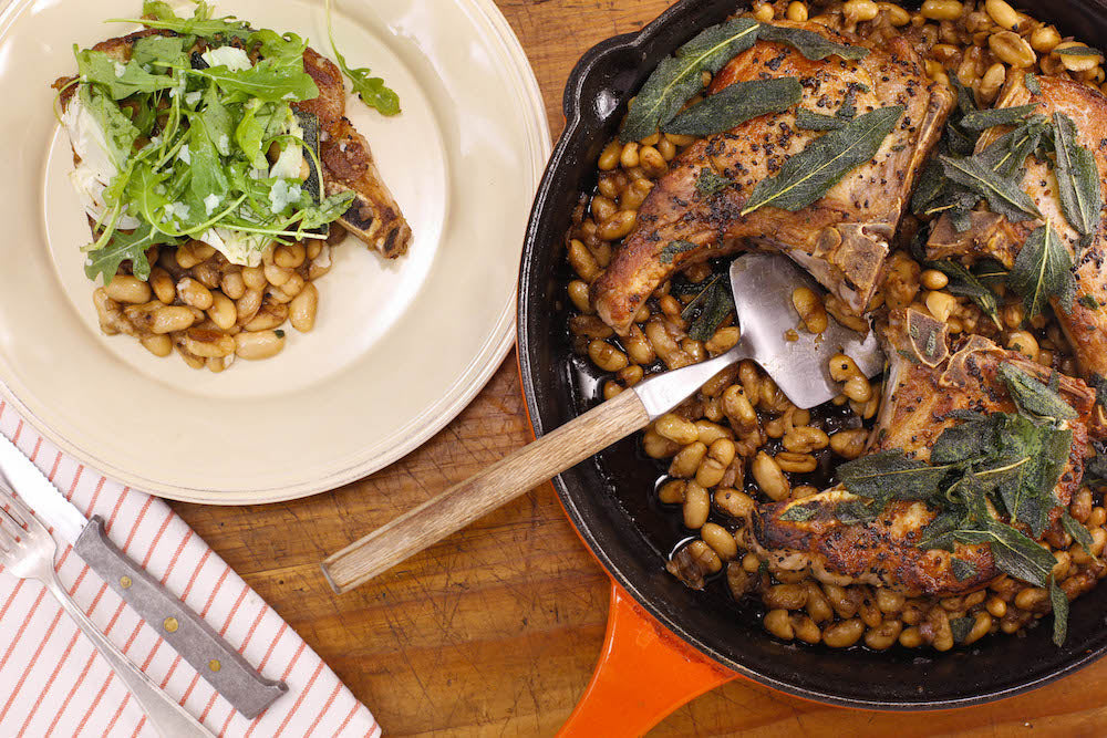 Bone-in Pork Chops with Brown Butter, Balsamic and Beans