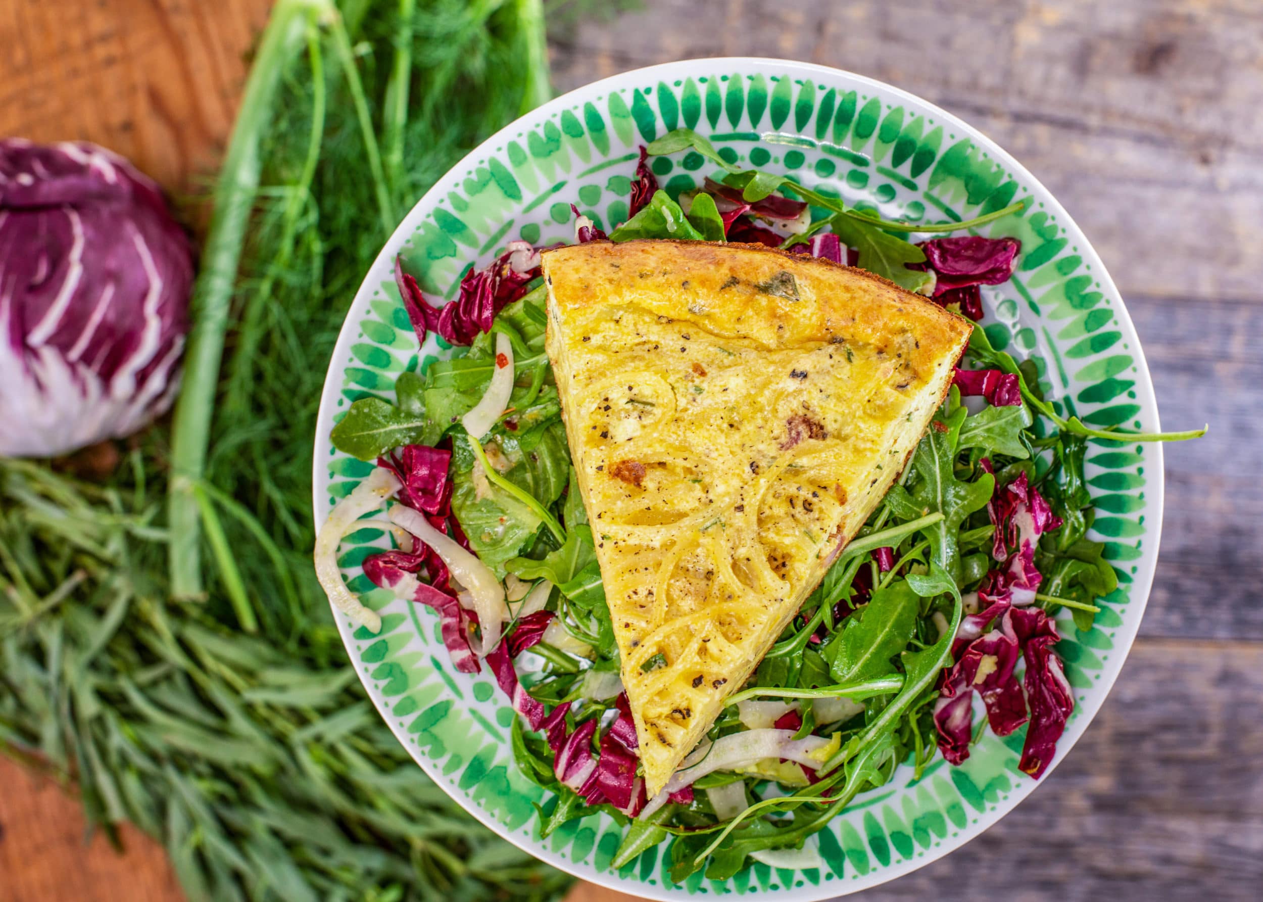Carbonara Frittata with Ricotta and Mixed Lettuce Salad with Fennel