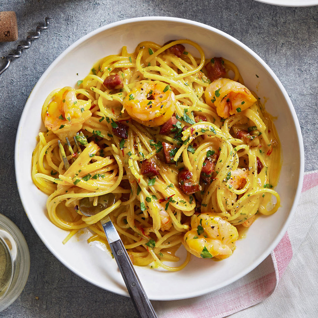 Carbonara with Saffron & Shrimp