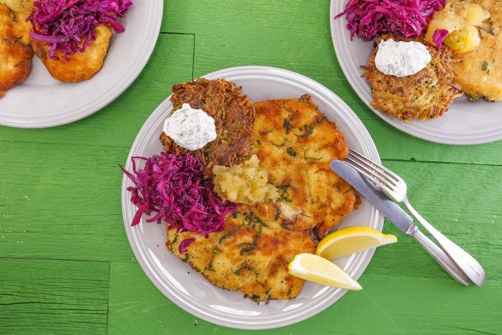 Chicken Schnitzel and Applesauce with Parsnip Cakes and Horseradish Sauce, and Red Cabbage with Juniper