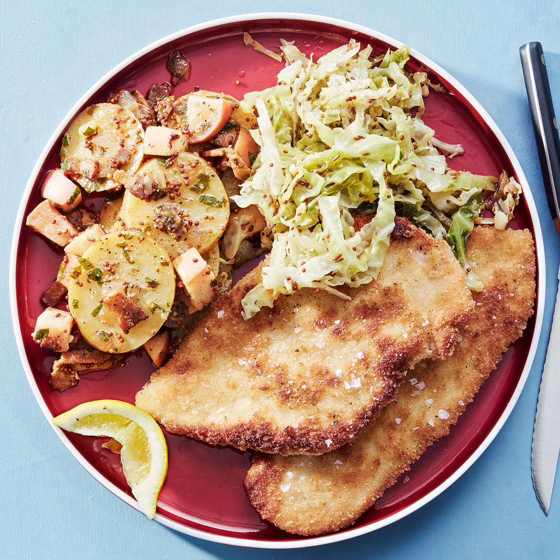 Chicken or Pork Schnitzel with Quick Sweet 'n' Sauer-Kraut & Apple, Onion & Potato Salad
