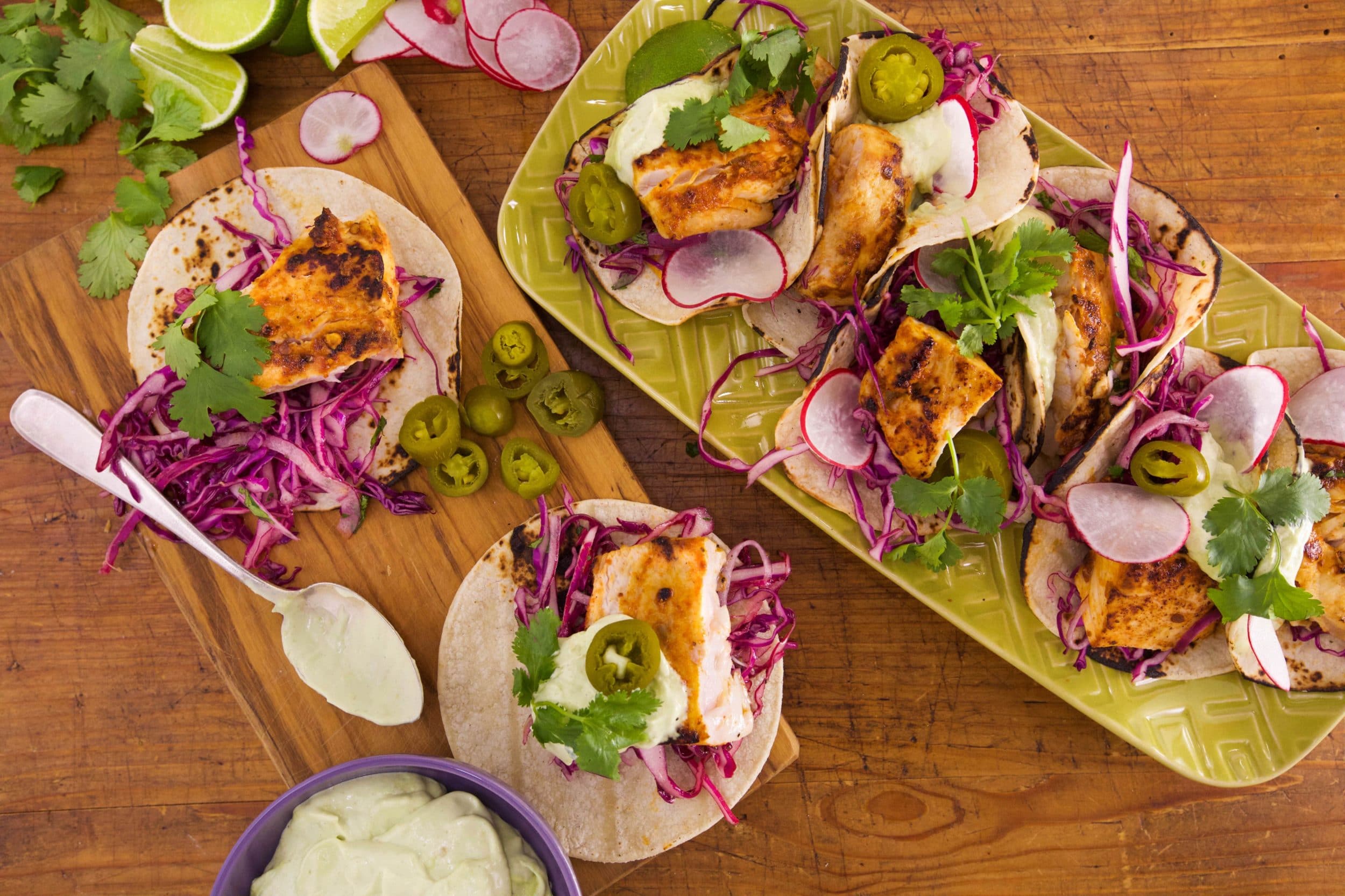 Chipotle Grilled Fish Tacos with Tequila-Lime Slaw and Avocado Crema