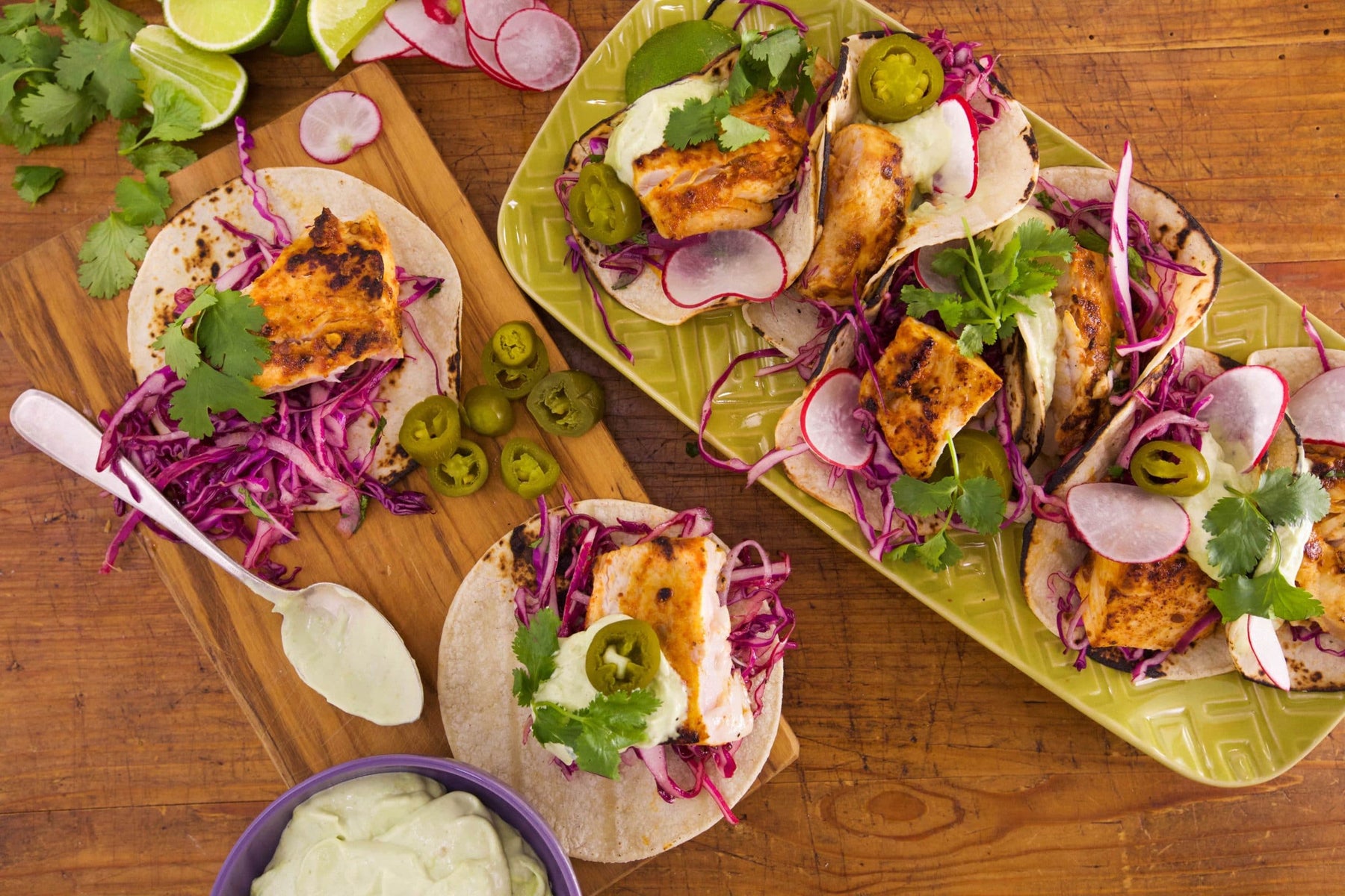 Chipotle Grilled Fish Tacos with Tequila-Lime Slaw and Avocado Crema