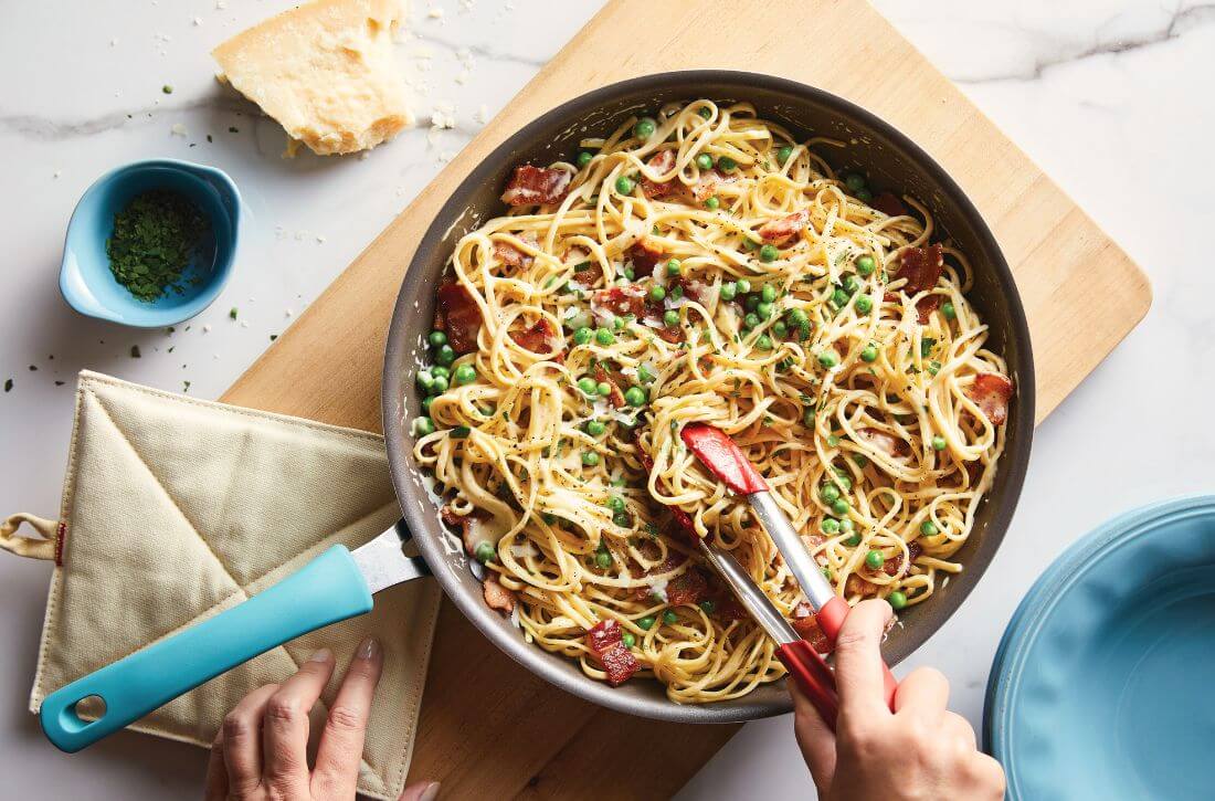 Egg Tagliatelle Carbonara with Peas and Spring Onions