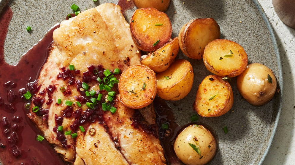 Fish with Red Wine Sauce & Rosemary Potatoes