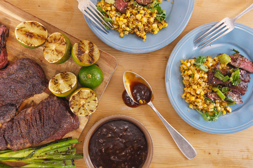 Hoisin-Ginger Steak with Grilled Onions and Sesame Sriracha Corn