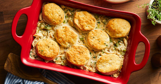 Trinity Chicken Pot Pie Casserole with Old Bay Biscuit Top 