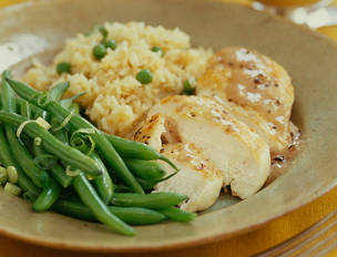 Chicken with Apple Gravy, Rice Pilaf and Green Beans
