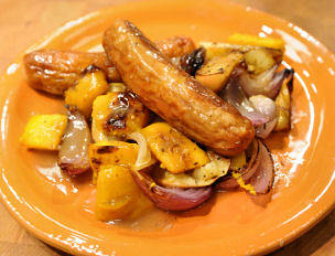 Roasted Sausage, Pumpkin Apples and Onions with Maple and Beer Pan Gravy