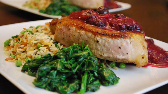 TV Dinner: Chicken or Chops with "Blubarb" Sauce, Rice with Peas and Wilted Spinach
