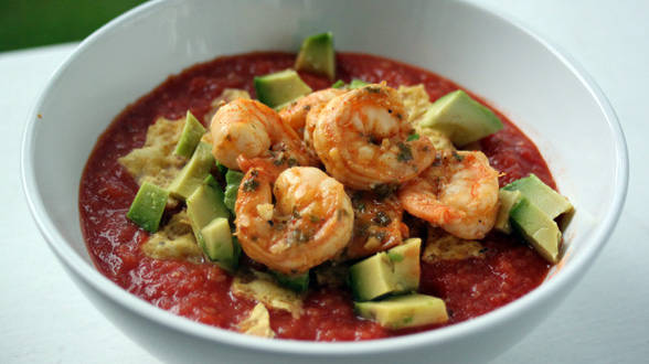 Hot and Cold Gazpacho with Grilled Shrimp and Crushed Tortilla Chips