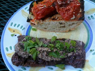 Tre Colore Pesto and Grilled Steak with Quick Roasted Tomatoes and Garlic