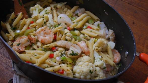 Hot or Cold Spicy Cauliflower and Seafood Pasta